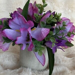 Hand designed Purple Artificial Orchid Arrangement in White Ceramic Pot. New.